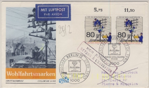 Berlin - 2x80 Pfg. Wohlfahrt (Post u. Telekom), Lupo-Schmuck-FDC n. St. Pierre &