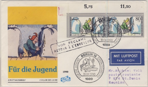 Berlin - 2x80 Pfg. Jugend/Max&Moritz, Lupo-Schmuck-FDC n. REUNION 1990