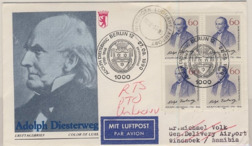 Berlin - 4x60 Pfg. 200. Geb. Diesterweg, Lupo-Schmuck-FDC n. NAMIBIA (!!) 1990