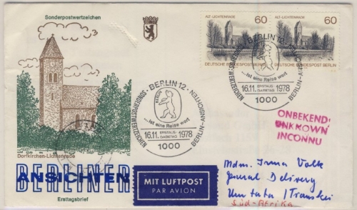 Berlin - 2x60 Pfg. Ansichten, Lupo-Schmuck-FDC n. SÜDAFRIKA 1978 - Retourvermerk