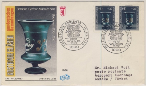 Berlin - 2x60 Pfg. Wohlfahrt/Gläser, Schmuck-FDC i.d. TÜRKEI 1986