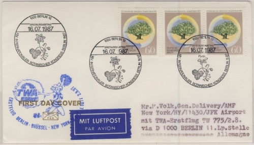 Berlin - 3x60 Pfg. Botanischer Kongress, Lupo-FDC/Zuleitung TWA-Erstflug n. NY