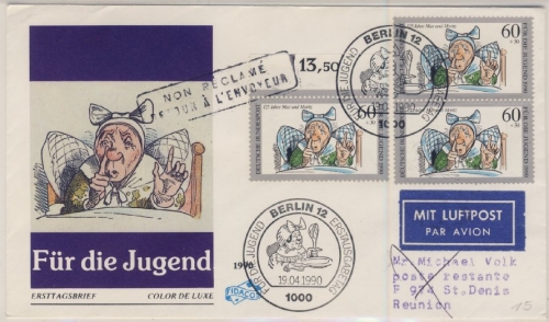 Berlin - 3x60 Pfg. Jugend/Max&Moritz, Lupo-Schmuck-FDC n. REUNION 1990