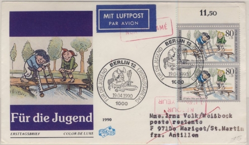 Berlin - 2x80 Pfg. Jugend/Max&Moritz, Lupo-Schmuck-FDC n. FRANZ. ANTILLEN 1990