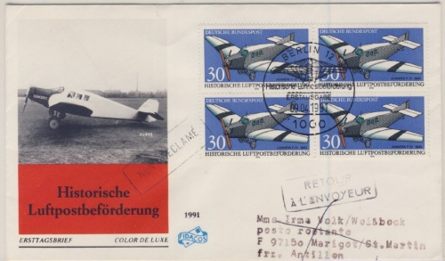 BRD - 4x30 Pfg. Hist. Luftpostbeförderung, Schmuck-FDC n. FRANZ. ANTILLEN 1991