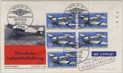 BRD - 5x30 Pfg. Hist. Luftpostbeförderung, Lupo-Schmuck-FDC n. St. Pierre &