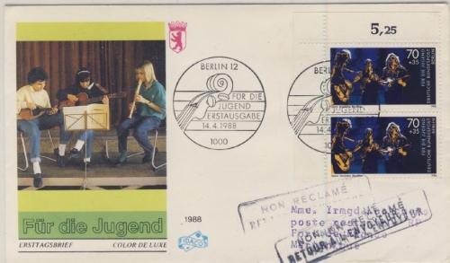 Berlin - 2x70 Pfg. Jugend musiziert, Schmuck-FDC n. MARTINIQUE 1988 - Retour