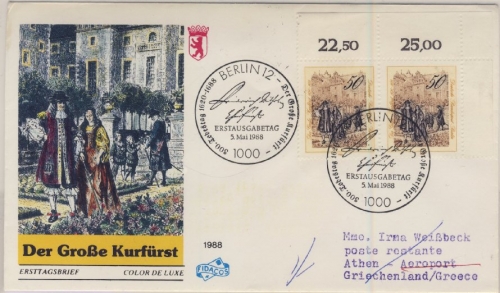 Berlin - 2x50 Pfg. 300. Todestag Gr. Kurfürst, Schmuck-FDC n. GRIECHENLAND 1988
