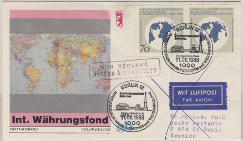 Berlin - 2x70 Pfg. Int. Währungsfond, Lupo-Schmuck-FDC n. REUNION 1988