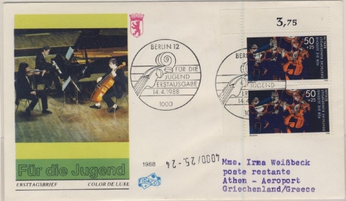 Berlin - 2x50 Pfg. Jugend musiziert, Schmuck-FDC n. GRIECHENLAND 1988