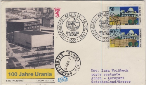 Berlin - 2x50 Pfg. 100 J. Urania, Schmuck-FDC n. GRIECHENLAND 1988