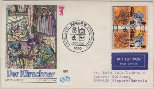 Berlin - 2x70 Pfg. Jugend/Handwerksberufe, Lupo-Schmuck-FDC n. BAHRAIN (!) 1987