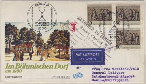 Berlin - 3x50 Pfg. 250 J. Böhmisches Dorf Rixdorf, Schmuck-FDC n. PHILIPPINEN