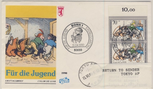 Berlin - 2x70 Pfg. Jugend/Max&Moritz, Schmuck-FDC n. JAPAN 1990 - Retour