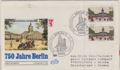 Berlin - 2x50 Pfg. 750 J. Berlin, MEF ex Block, Schmuck-FDC n. GRIECHENLAND 1987