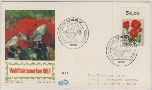 BRD - 120 Pfg. Wohlfahrt/Rosen (Oberrand), Schmuck-FDC + ESST n. JAPAN 1982
