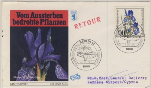 Berlin - 90 Pfg. Wofa (Schwertlilie), Schmuck-FDC n. ZYPERN, ESST Berlin 1981