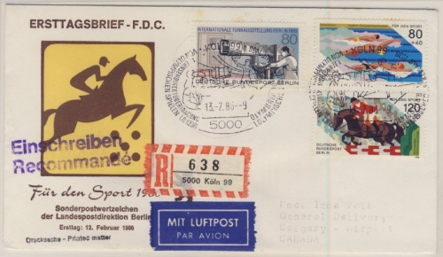 Berlin - 80+120 Pfg. Sporthilfe u.a., Lupo-Einschreibe-FDC n. CANADA, ESST Köln