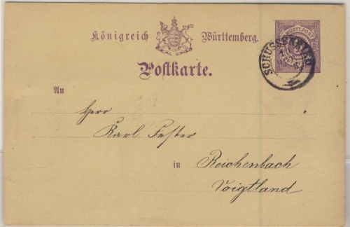 Württemberg - 5 Pfg. GA-Karte, K2 Schussenried - Reichenbach 1888