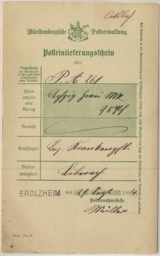 Württemberg - Erolzheim, L1 a. Posteinlieferungsschein f. Postanw. n. Biberach