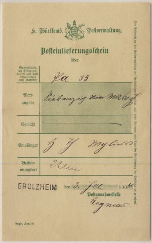 Württemberg - Erolzheim, L1 a. Posteinlieferungsschein f. Postanw. n. Ulm 1904