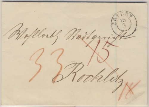 Preussen/Sachsen - Erfurt 15.3.(1848), K2 a. Brief n. Rochlitz - mit Inhalt