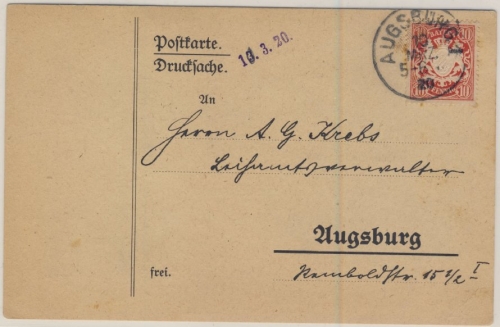 Bayern - 10 Pfg. Wappen/Aufbrauch, Ortskarte Augsburg 10.3.20