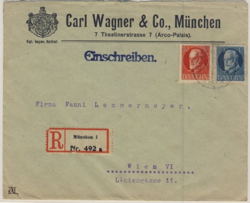 Bayern - 20+10 Pfg. Ludwig, Einschreibebrief n. ÖSTERREICH, München - Wien 1916