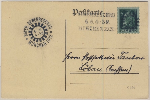 Bayern - München 1912 Gewerbeschau, 2 versch. SST a. 5 Pfg. Karte n. Löbau