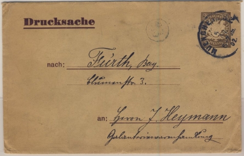 Bayern - 3 Pfg. Wappen, Privat-GA-Drucksachenumschlag, München - Fürth 1902