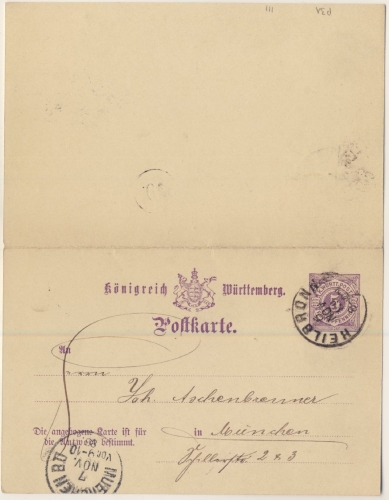 Württemberg - 5/5 Pfg. Antwortganzsache Doppelkarte Heilbronn - München 1889