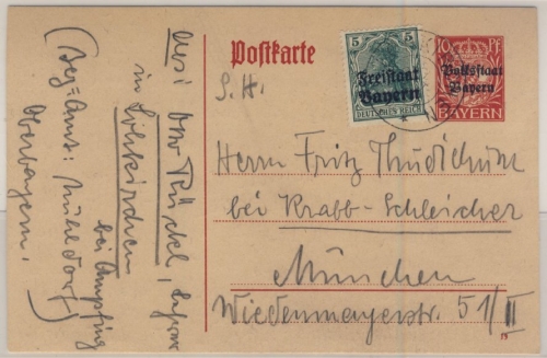 Bayern - 10 Pfg. GA-Karte/Volksstaat + Zusatz, Lohkirchen - München 1919