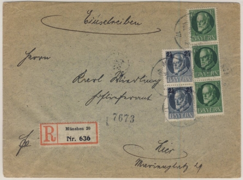 Bayern - 3x7 1/2 + 2x2 1/2 Pfg. Ludwig, Ortseinschreibebrief München 20, 1917