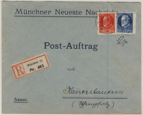 Bayern - 15+20 Pfg. Ludwig, Postauftrag - R-Brief München 13 - Kaiserslautern