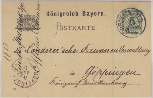 Bayern - 5 Pfg. Ziffer/Rauten GA-Karte Bruck b. Feld - Göppingen 1893