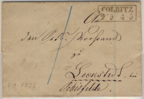 Preussen - Colbitz 2/9 (1857), Ra2 Portobrief n. Lockstedt - mit Inhalt