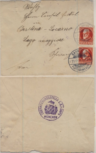 Bayern - 2x10 Pfg. Ludwig Zensurbrief i.d. SCHWEIZ Garmisch-Partenkirchen 1914