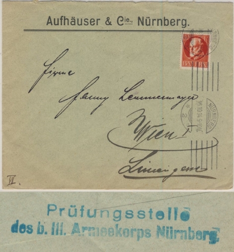 Bayern - 10 Pfg. Ludwig, Zensurbrief n. ÖSTERREICH, Nürnberg - Wien 1914