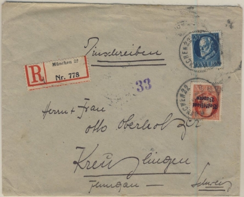 Bayern - 15 Pfg. Ludwig/Volksstaat u.a., R-Brief i.d. SCHWEIZ München 22 -