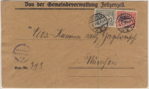 Bayern - 25+15 Pfg. Staatswappen, Brief Buchbach (Felizenzell) - München 8.5.20