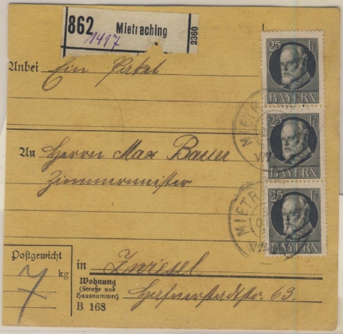 Bayern - 3x25 Pfg. Ludwig, Paketkarte Mietraching - Zwiesel 1918