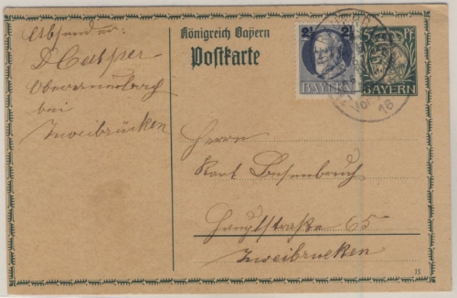 Bayern - 5 Pfg. Wappen/Hupp, GA-Karte + Zusatz, Oberauerbach - Zweibrücken 1916