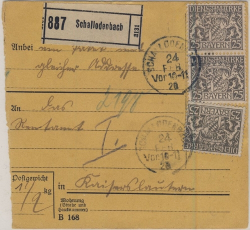 Bayern - 3x25 Pfg. Staatswappen, Paketkarte Schallodenbach - Kaiserslautern 1920