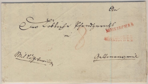 Baden - Möskirch R2 (1845) 3x roter L1 a. Portobrief n. (?), Ank. Stockach