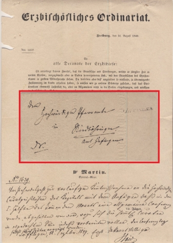 Baden - Löffingen (1849), L1 a. gedr. Schreiben d. Ordinariats n. Hüfingen
