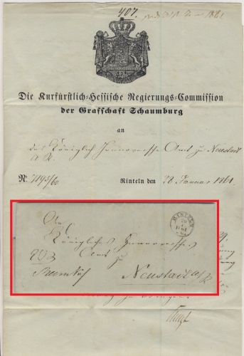 Thurn & Taxis - Rinteln 1861 K2 Dienstbrief n. Neustadt a.R. - dek. Inhalt !!