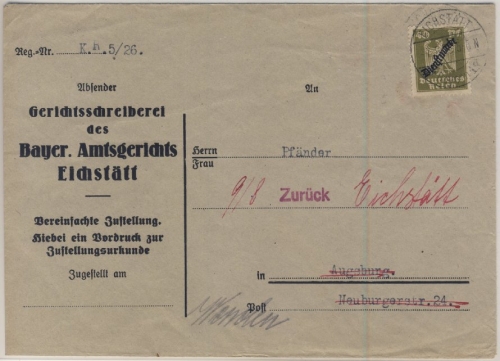 DR - 40 Pfg. Adler/Dienst, Zustellurkunde Eichstätt - Augsburg 1936 - retour