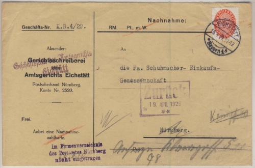 DR - 15 Pfg. Strohhut, Brief Eichstätt - Nürnberg 1929 - ohne Inhalt - retour
