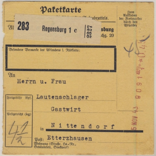 DR - Regensburg 1, 1943 - 45 Pfg. Registrierkassen-Stpl., Paketkarte n.
