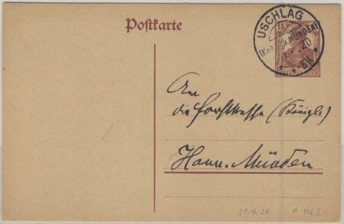 DR - Uschlag (Kr. Hann.Münden) 1920 KOS 15 Pfg. Germania GA-Karte n. Hann.Münden